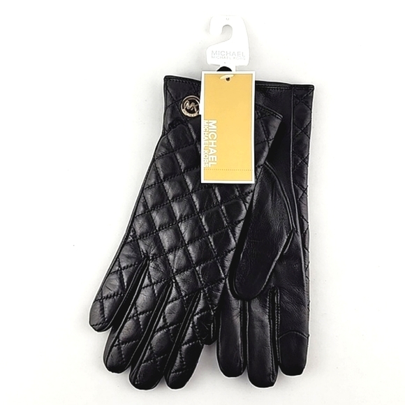 Michael Kors Women's Black Quilted Leather Gloves Touch Screen Compatible Sz Med - Picture 1 of 11